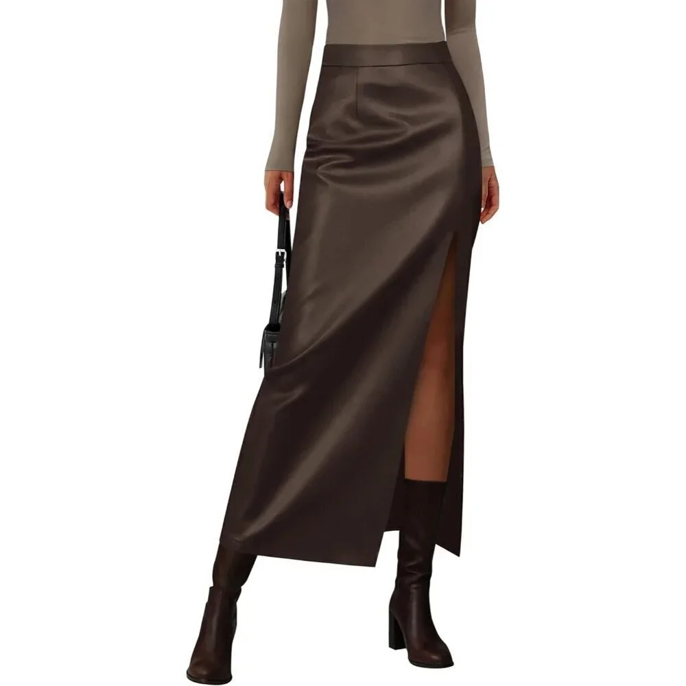 Women's Brown Bodycon High Waisted Faux Leather Slit Winter Maxi Pencil Skirt